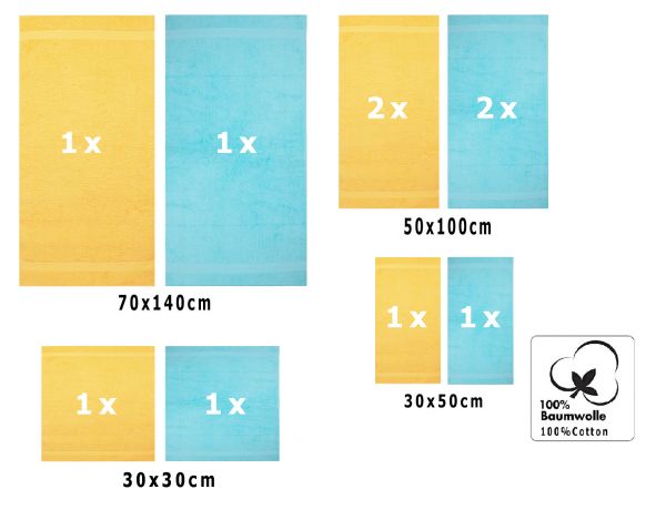 Betz 10 Piece Towel Set CLASSIC 100% Cotton 2 Face Cloths 2 Guest Towels 4 Hand Towels 2 Bath Towels Colour: yellow & turquoise