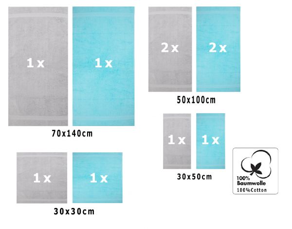 Betz 10-tlg. Handtuch-Set CLASSIC 100% Baumwolle 2 Duschtücher 4 Handtücher 2 Gästetücher 2 Seiftücher Farbe silbergrau und türkis