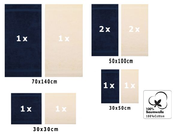 Betz 10 Piece Towel Set CLASSIC 100% Cotton 2 Face Cloths 2 Guest Towels 4 Hand Towels 2 Bath Towels Colour: dark blue & beige
