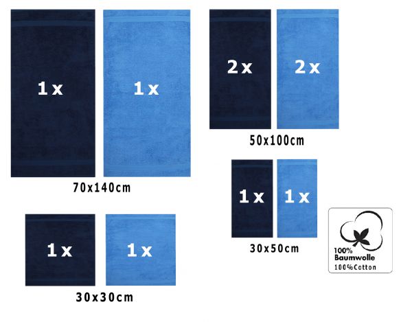 Betz Set di 10 asciugamani Classic-Premium 2 lavette 2 asciugamani per ospiti 4 asciugamani 2 asciugamani da doccia 100 % cotone colore blu scuro e azzurro