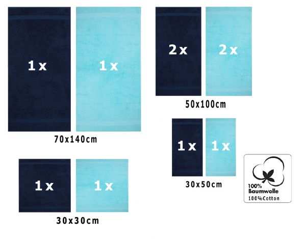 Betz Set di 10 asciugamani Classic-Premium 2 lavette 2 asciugamani per ospiti 4 asciugamani 2 asciugamani da doccia 100 % cotone colore blu scuro e turchese