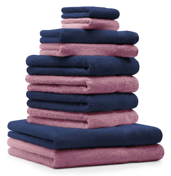 Betz Set di 10 asciugamani Classic-Premium 2 lavette 2 asciugamani per ospiti 4 asciugamani 2 asciugamani da doccia 100 % cotone colore blu scuro e rosa antico