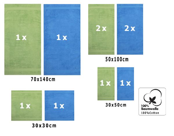 Betz Set di 10 asciugamani Classic-Premium 2 lavette 2 asciugamani per ospiti 4 asciugamani 2 asciugamani da doccia 100 % cotone colore verde mela e azzurro