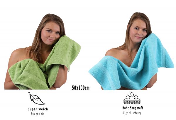10 Piece Towel Set Classic - Premium apple green & turquoise, 2 face cloths 30x30 cm, 2 guest towels 30x50 cm, 4 hand towels 50x100 cm, 2 bath towels 70x140 cm