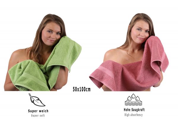 10 Piece Towel Set Classic - Premium apple green & old rose, 2 face cloths 30x30 cm, 2 guest towels 30x50 cm, 4 hand towels 50x100 cm, 2 bath towels 70x140 cm