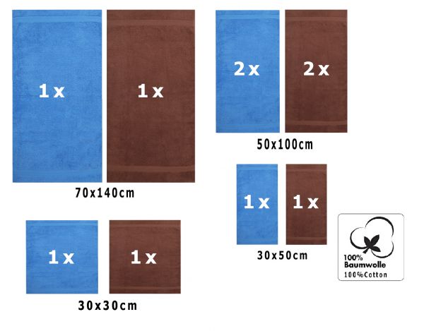 Betz 10-tlg. Handtuch-Set CLASSIC 100% Baumwolle 2 Duschtücher 4 Handtücher 2 Gästetücher 2 Seiftücher Farbe hellblau und nussbraun