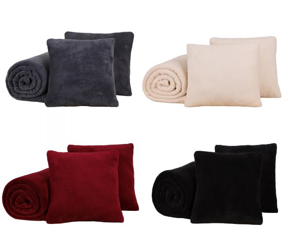 Betz Lot de 3 pcs: 1 couverture polaire douce taille 140x190 cm et 2 coussins remplis toucher peluche taille d'env. 36x36 cm ROMANIA plusieurs couleurs au choix