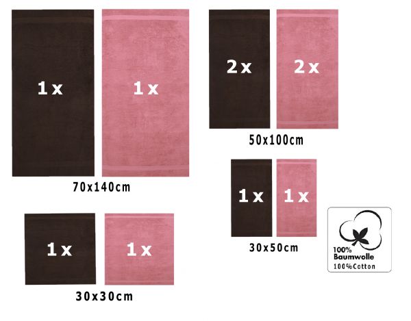 Betz Set di 10 asciugamani Classic-Premium 2 lavette 2 asciugamani per ospiti 4 asciugamani 2 asciugamani da doccia 100 % cotone colore marrone scuro e rosa antico