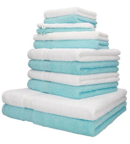 Betz 12 Piece Towel Set PALERMO 100% Cotton 2 Wash Mitts  2 Wash Cloths 2 Guest Towels  4 Hand Towels 2 Bath Towels colour turquoise and white