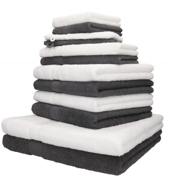 Betz PALERMO Handtuch-Set – 12er Handtücher-Set -  2x Liegetücher - 4x Handtücher – 2x Gästetucher – 2x Waschhandschuhe – 2x Seiftücher – Farbe anthrazit und weiß