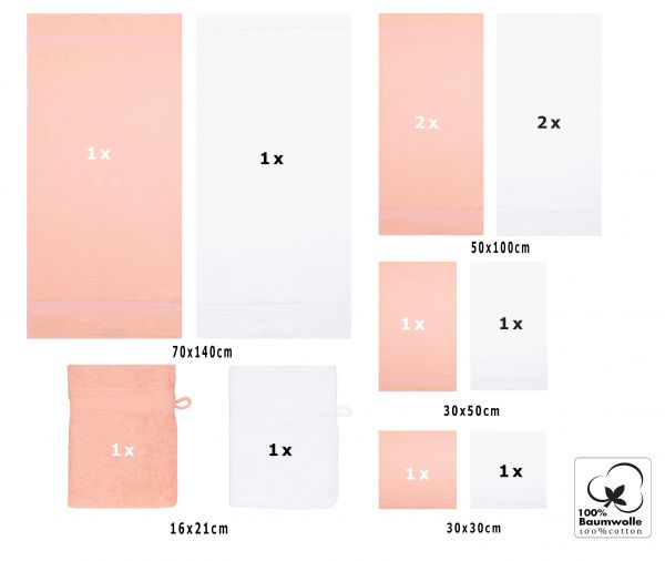 Betz PALERMO Handtuch-Set – 12er Handtücher-Set -  2x Liegetücher - 4x Handtücher – 2x Gästetucher – 2x Waschhandschuhe – 2x Seiftücher – Farbe apricot und weiß