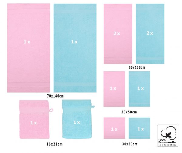 Betz PALERMO Handtuch-Set – 12er Handtücher-Set -  2x Liegetücher - 4x Handtücher – 2x Gästetucher – 2x Waschhandschuhe – 2x Seiftücher – Farbe rosé und türkis