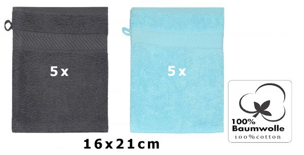 Betz Lot de 10 gants de toilette PALERMO 100% coton taille 16x21 cm couleur: gris anthracite & turquoise