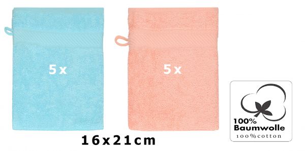 Betz Lot de 10 gants de toilette PALERMO 100% coton taille 16x21 cm couleur: turquoise & abricot