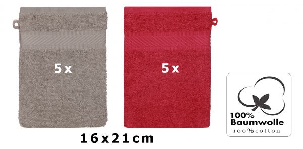Betz set di 10 guanti da bagno PALERMO 100 % cotone misure 16 x 21 cm rosso cranberry-grigia pietra