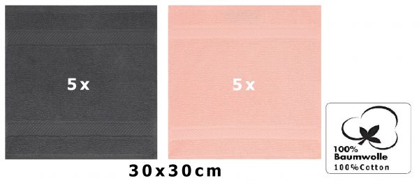Betz Lot de 10 serviettes débarbouillettes PALERMO taille 30x30 cm couleurs gris anthracite & abricot
