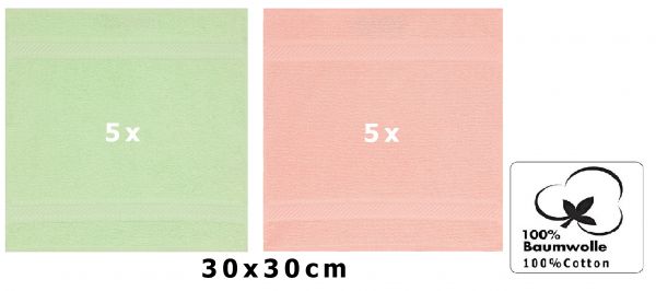 Betz 10 Piece Face Cloth Set PALERMO 100% Cotton 10 Face Cloths Size: 30 x 30 cm Colour: green & apricot