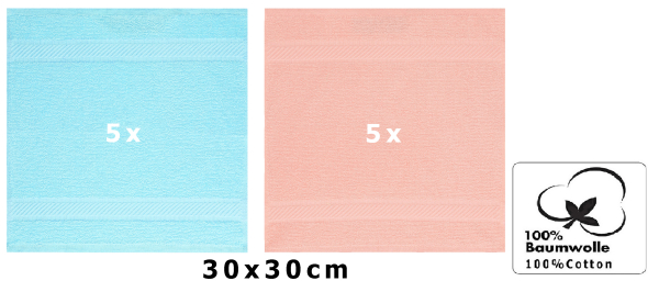 Pack De 10 Toallas Faciales Betz Palermo 30x30cm - 100% Algodón, Color Turquesa Y Albaricoque, Extra Absorbente 360g/m², Lavables A 60°C