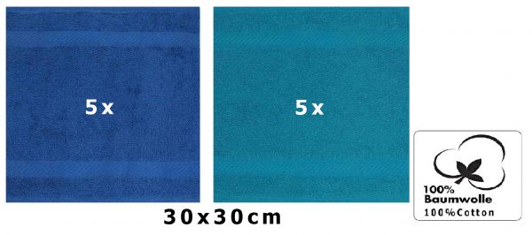 Betz Lot de 10 serviettes débarbouillettes PALERMO taille 30x30 cm bleu - bleu pétrole