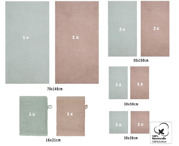 Betz Lot de 12 serviettes BERLIN 100% coton 2 draps de bain 4 serviettes de toilette 2 serviettes d'invité  2 lavettes et 2 gants couleur jade - cappuccino