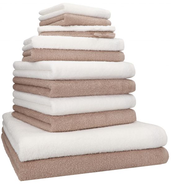 Betz Lot de 12 serviettes  BERLIN 100% coton 2 draps de bain 4 serviettes de toilette 2 serviettes d'invité 2 lavettes et 2 gants couleur cappuccino - blanc