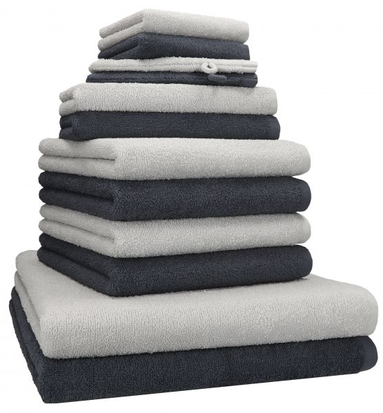 Betz Lot de 12 serviettes  BERLIN 100% coton 2draps de bain 4 serviettes de toilette 2 serviettes d'invité 2 lavettes et 2 gants couleur gris argenté - graphite