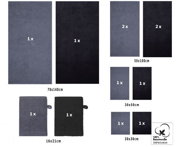 Betz Lot de 12 serviettes  BERLIN 100% coton 2 draps de bain 4 serviettes de toilette 2 serviettes d'invité 2 lavettes et 2 gants couleur gris foncé - graphite