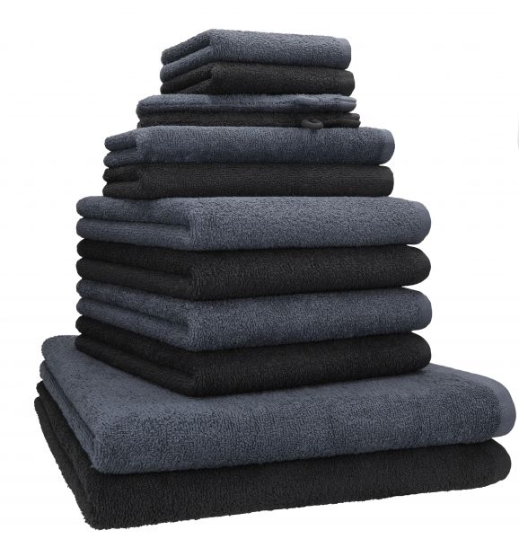 Betz Lot de 12 serviettes  BERLIN 100% coton 2 draps de bain 4 serviettes de toilette 2 serviettes d'invité 2 lavettes et 2 gants couleur gris foncé - graphite