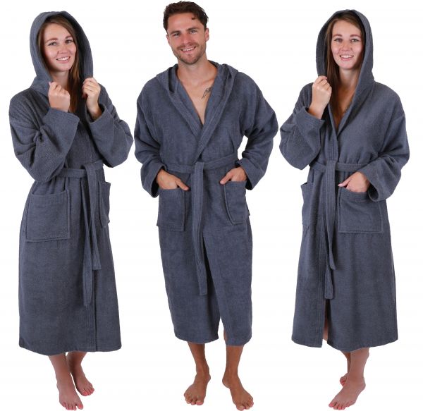 Betz Set of 3 Bathrobes with hood for men and women - sauna bathrobe 100% cotton - sauna dressing gown– BERLIN colour dark grey  Size L/XL