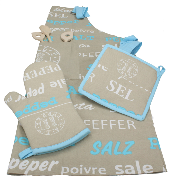 Betz 3 tlg Grillschürzen Set Kochschürze Latzschürze Küchenschürze Topfhandschuh Topflappen 100% Baumwolle SALZ & PFEFFER Farbe sand
