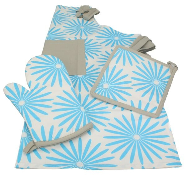 Betz 3 tlg Grillschürzen Set Kochschürze Latzschürze Küchenschürze Topfhandschuh Topflappen BLUME Farbe blau