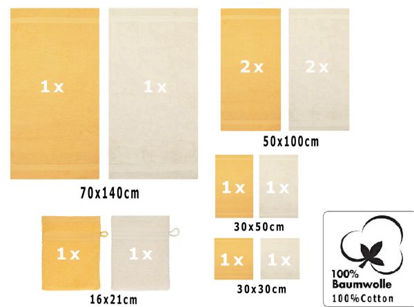 Betz lot de 12 serviettes Premium 2 draps de bain 4 serviettes de toilette 2 serviettes d'invité 2 lavettes 2 gants de toilette 100% coton jaune miel/sable