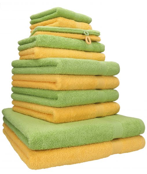 Betz 12-tlg. Handtuch-Set PREMIUM 100% Baumwolle 2 Duschtücher 4 Handtücher 2 Gästetücher 2 Seiftücher 2 Waschhandschuhe honiggelb/avocadogrün