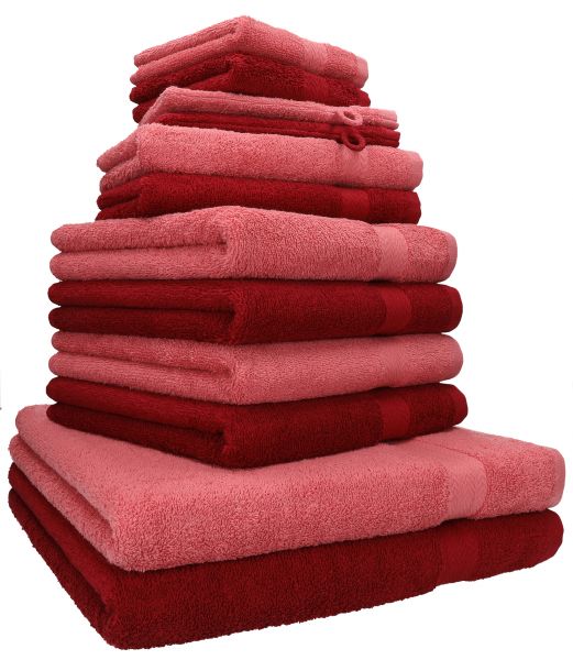 Betz 12-tlg. Handtuch-Set PREMIUM 100% Baumwolle 2 Duschtücher 4 Handtücher 2 Gästetücher 2 Seiftücher 2 Waschhandschuhe rubinrot/himbeere