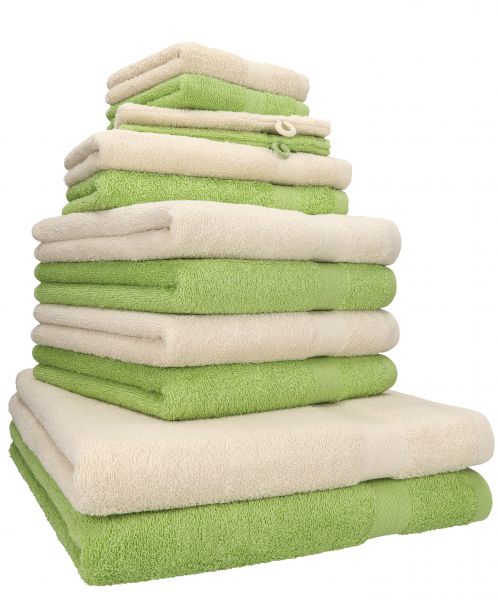 Betz 12-tlg. Handtuch-Set PREMIUM 100% Baumwolle 2 Duschtücher 4 Handtücher 2 Gästetücher 2 Seiftücher 2 Waschhandschuhe sand/avocadogrün