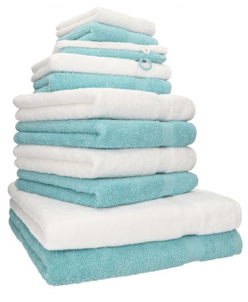 Betz 12-tlg. Handtuch-Set PREMIUM 100% Baumwolle 2 Duschtücher 4 Handtücher 2 Gästetücher 2 Seiftücher 2 Waschhandschuhe weiß/ocean