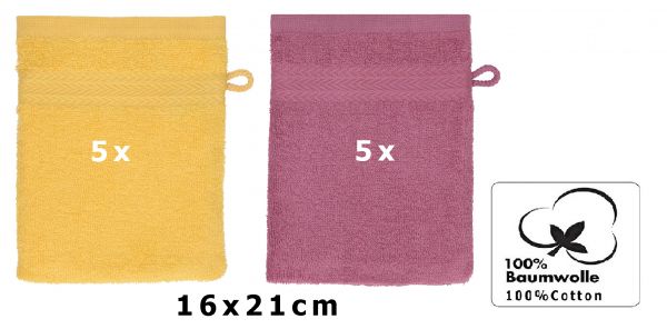 Betz 10 Stück Waschhandschuhe PREMIUM 100% Baumwolle Waschlappen Set 16x21 cm Farbe honiggelb - beere