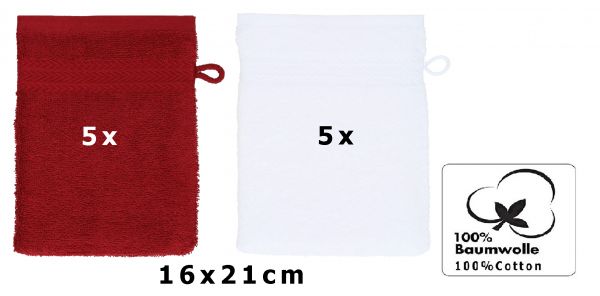 Betz 10 Stück Waschhandschuhe PREMIUM 100% Baumwolle Waschlappen Set 16x21 cm Farbe rubinrot - weiß