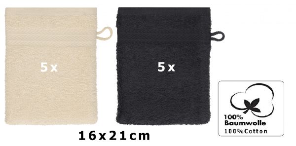 Betz set di 10 guanti da bagno PREMIUM 100 % cotone misure 16 x 21 cm sabbia - grafite