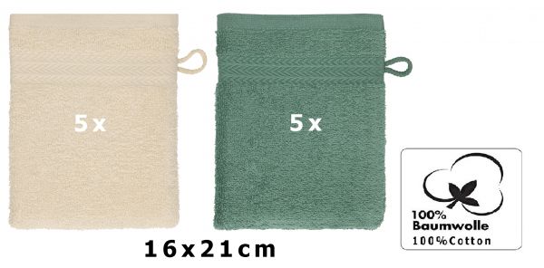 Betz Pack of 10 Wash Mitts PREMIUM 100% Cotton 16x21 cm sand - fir green