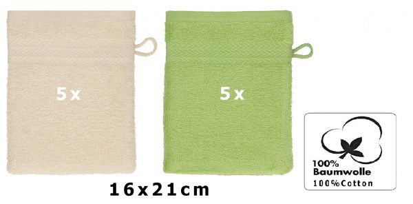 Betz Paquete de 10 manoplas de baño PREMIUM 100% algodón 16x21 cm beige arena y verde aguacate