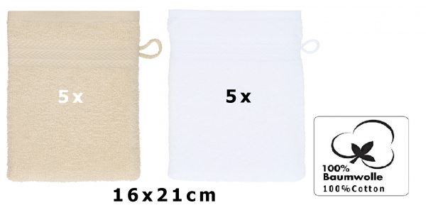 Betz 10 Stück Waschhandschuhe PREMIUM 100% Baumwolle Waschlappen Set 16x21 cm Farbe sand - weiß