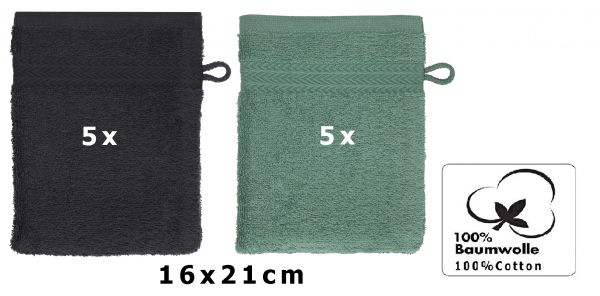 Betz 10 Stück Waschhandschuhe PREMIUM 100% Baumwolle Waschlappen Set 16x21 cm Farbe graphit - tannengrün