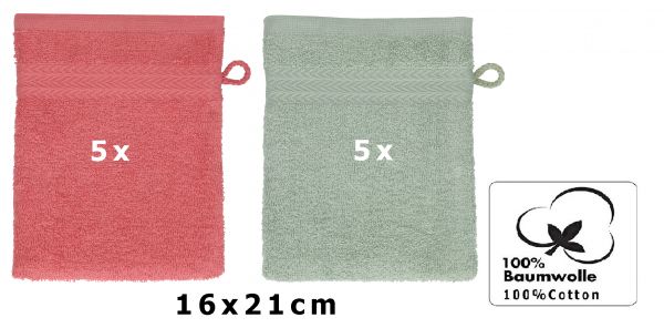 Betz 10 Stück Waschhandschuhe PREMIUM 100% Baumwolle Waschlappen Set 16x21 cm Farbe himbeere - heugrün