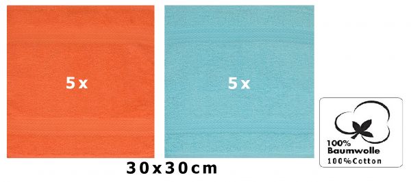 Betz Paquete de 10 toallas faciales PREMIUM 100% algodón 30x30 cm color naranja sanguíneo y azul océano