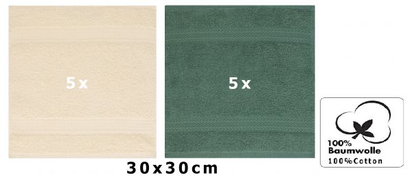 Betz 10 Pieces Face Cloth Set PREMIUM 100% Cotton 10 Face Cloths 30x30 cm sand - fir green