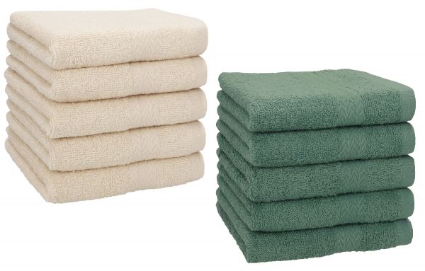 Betz 10 Pieces Face Cloth Set PREMIUM 100% Cotton 10 Face Cloths 30x30 cm sand - fir green