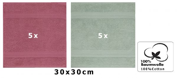 Betz Paquete de 10 toallas faciales PREMIUM 100% algodón 30x30 cm color rojo baya y verde heno