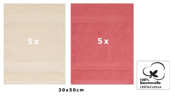 Betz Paquete de 10 toallas de tocador PREMIUM 100% algodón 30x50 cm color beige arena y rojo frambuesa