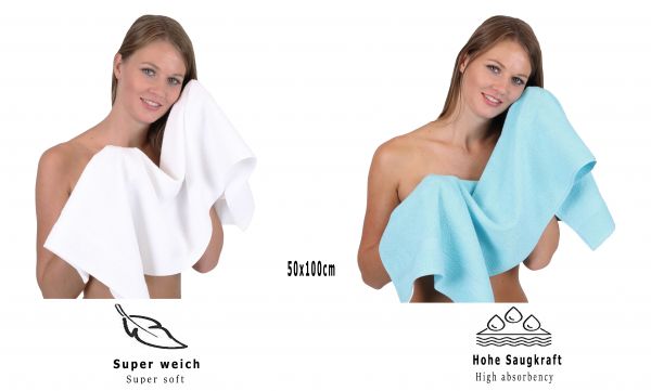 8 unidades Toallas de manos/cuerpo/ducha set Palermo color blanco y turquesa 100% algodon 6 toallas de mano y 2 toallas de ducha de Betz